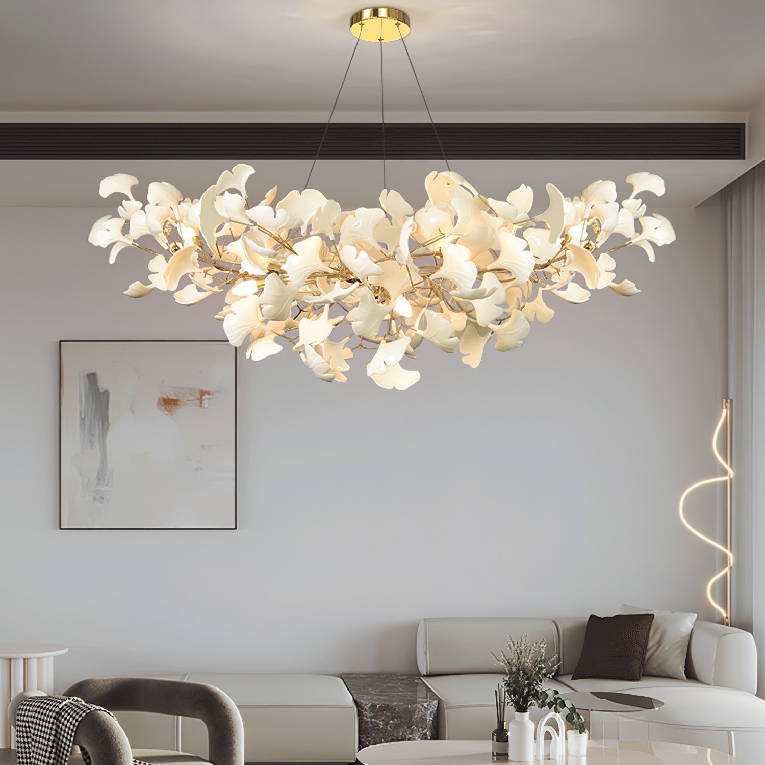 Lustre Gingko porcelaine LED blanc suspension salle à manger design moderne réglable éclairage plafonnier | Restfield