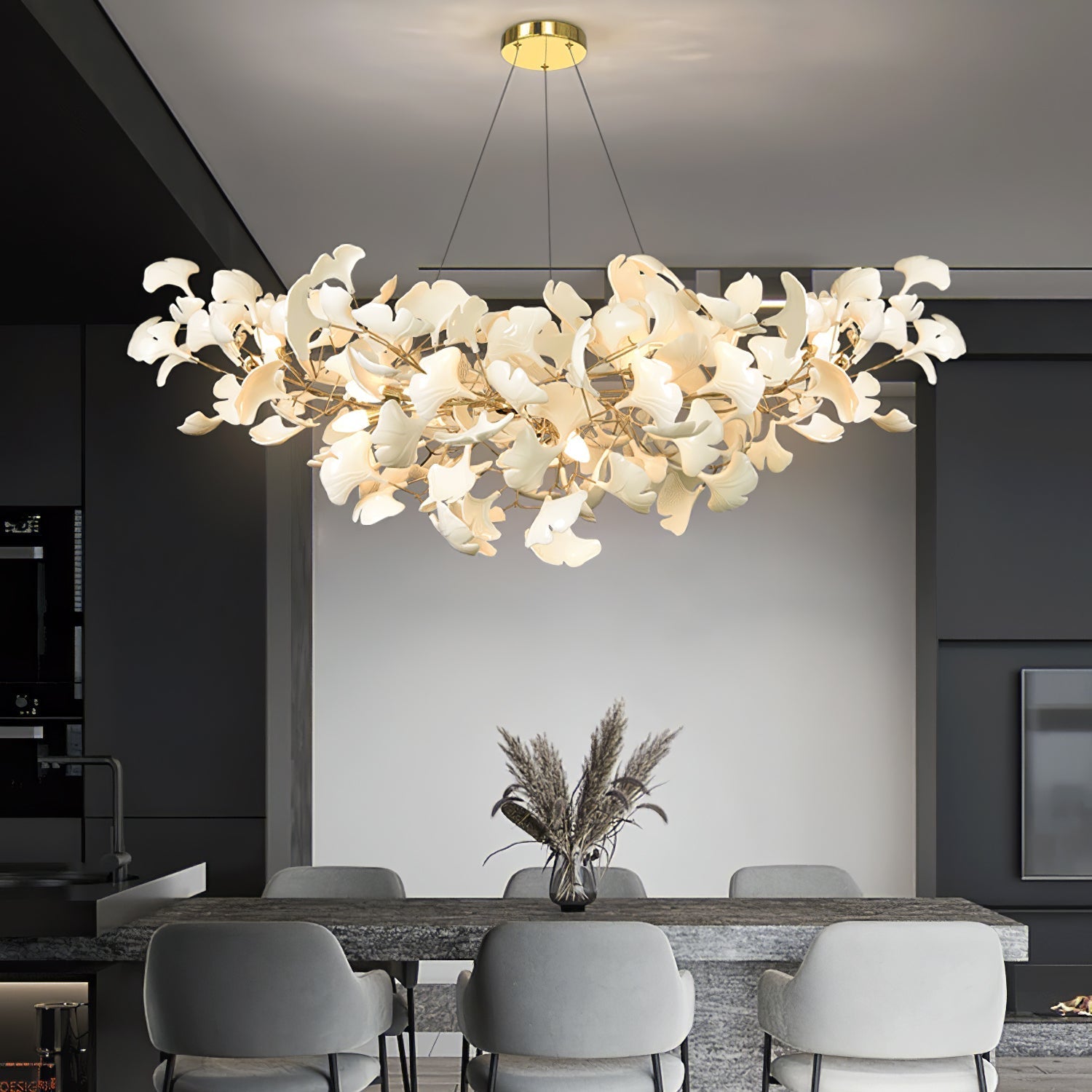 Lustre Gingko porcelaine LED blanc suspension salle à manger design moderne réglable éclairage plafonnier | Restfield