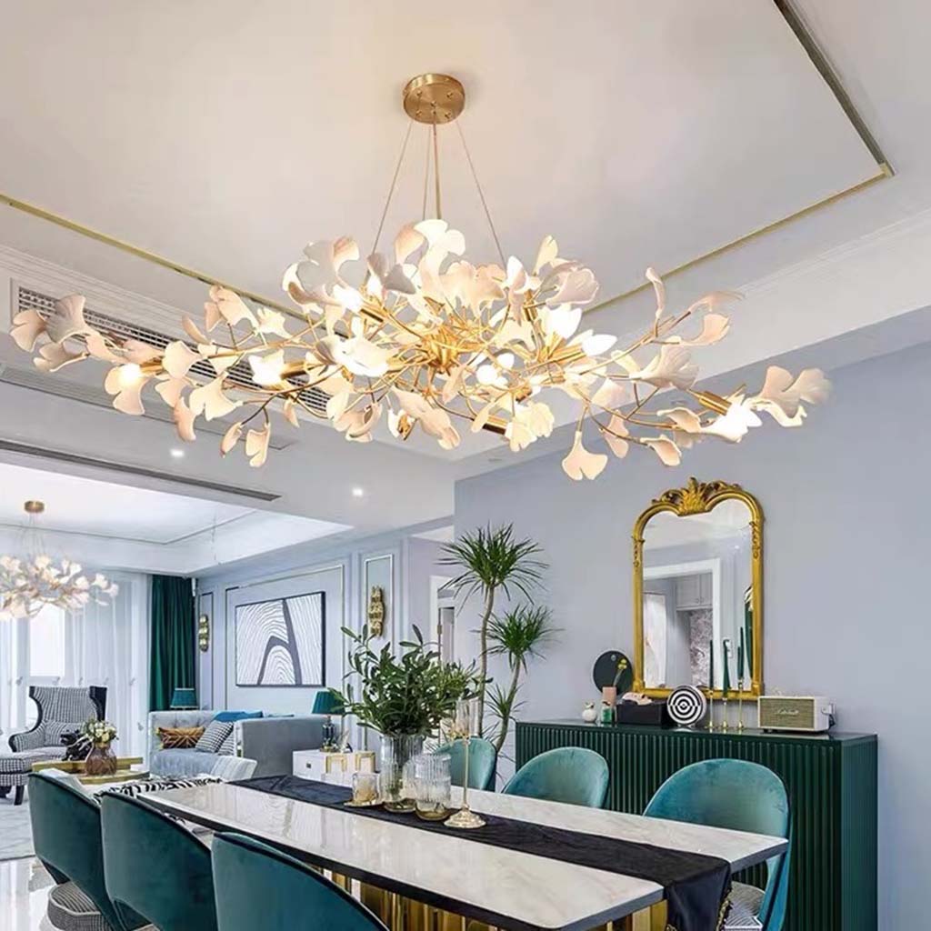 Kroonluchter Ginkgo Bladeren Keramiek Goudkleurig Wit Hanglamp Eetkamer Woonkamer Slaapkamer Verlichting | Sansoti