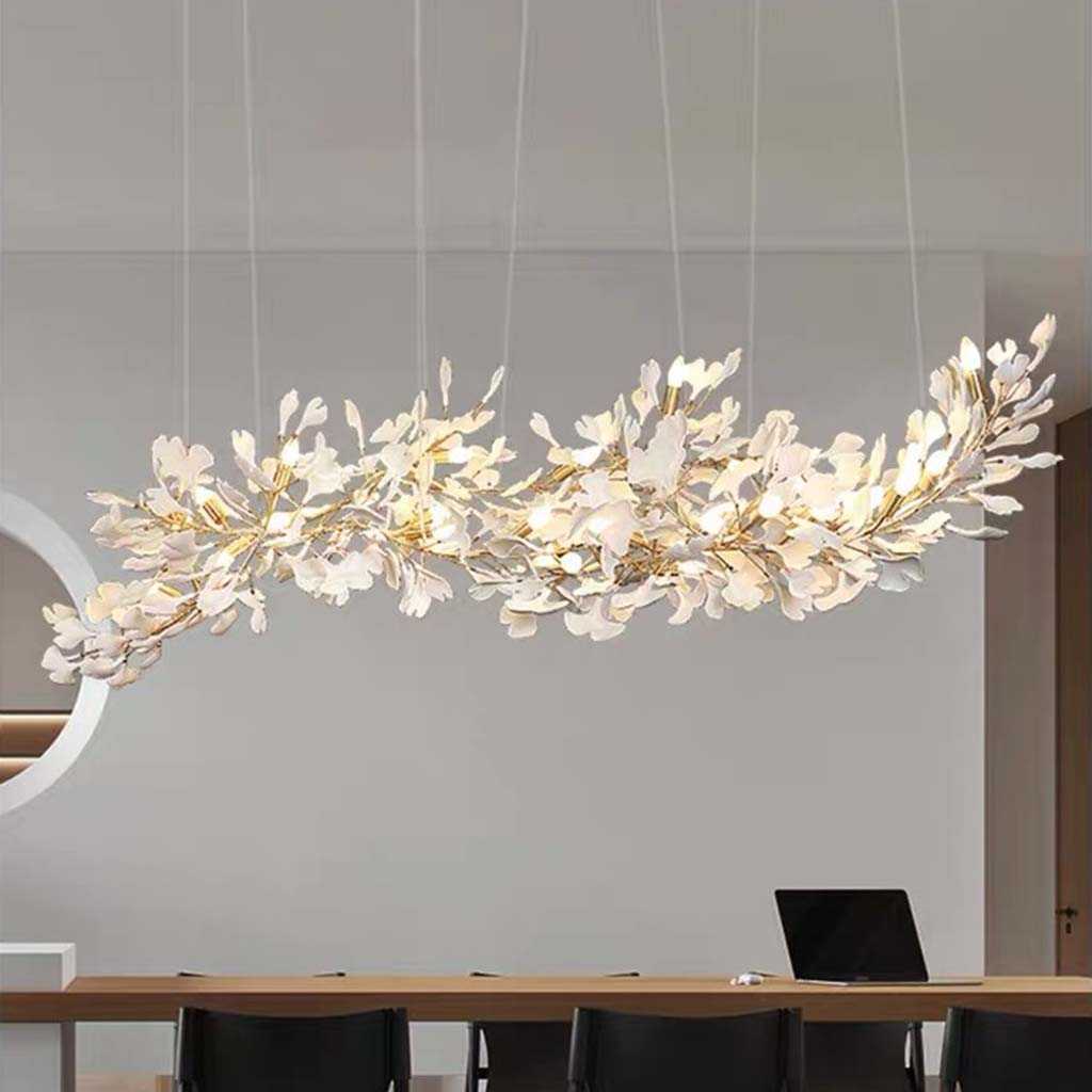 Ginkgo Leaf Chandelier, Ceramic, Gold-Colored and White, Pendant Light, Dining Room, Living Room, Bedroom Lighting | Sansoti