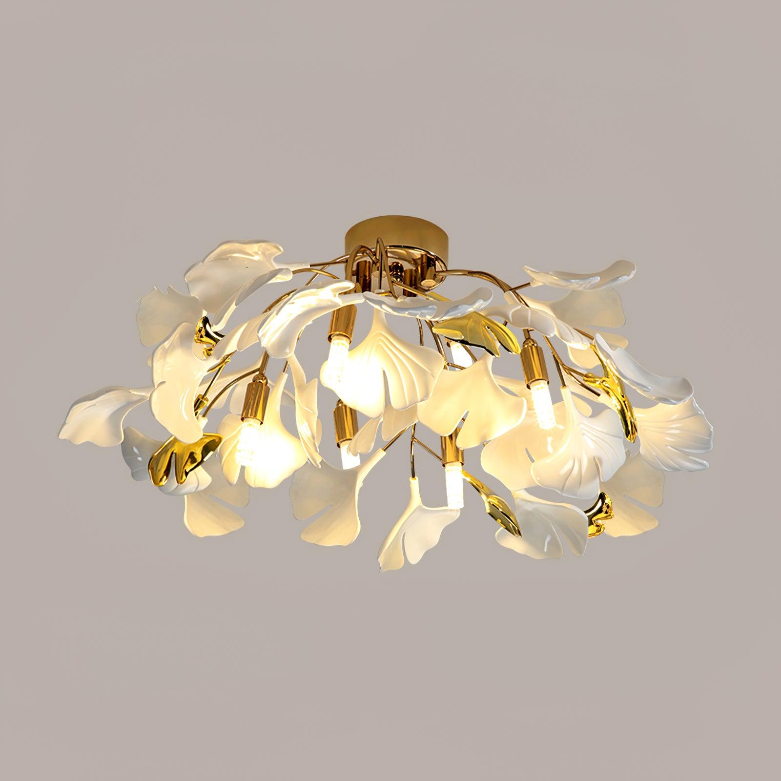 Keramische Hanglamp Ginkgo-Blad – Goudkleurige Armatuur met Witte Bladeren – Modern Natuurgeïnspireerd Design voor Woonkamer Eetkamer Slaapkamer | Sansoti