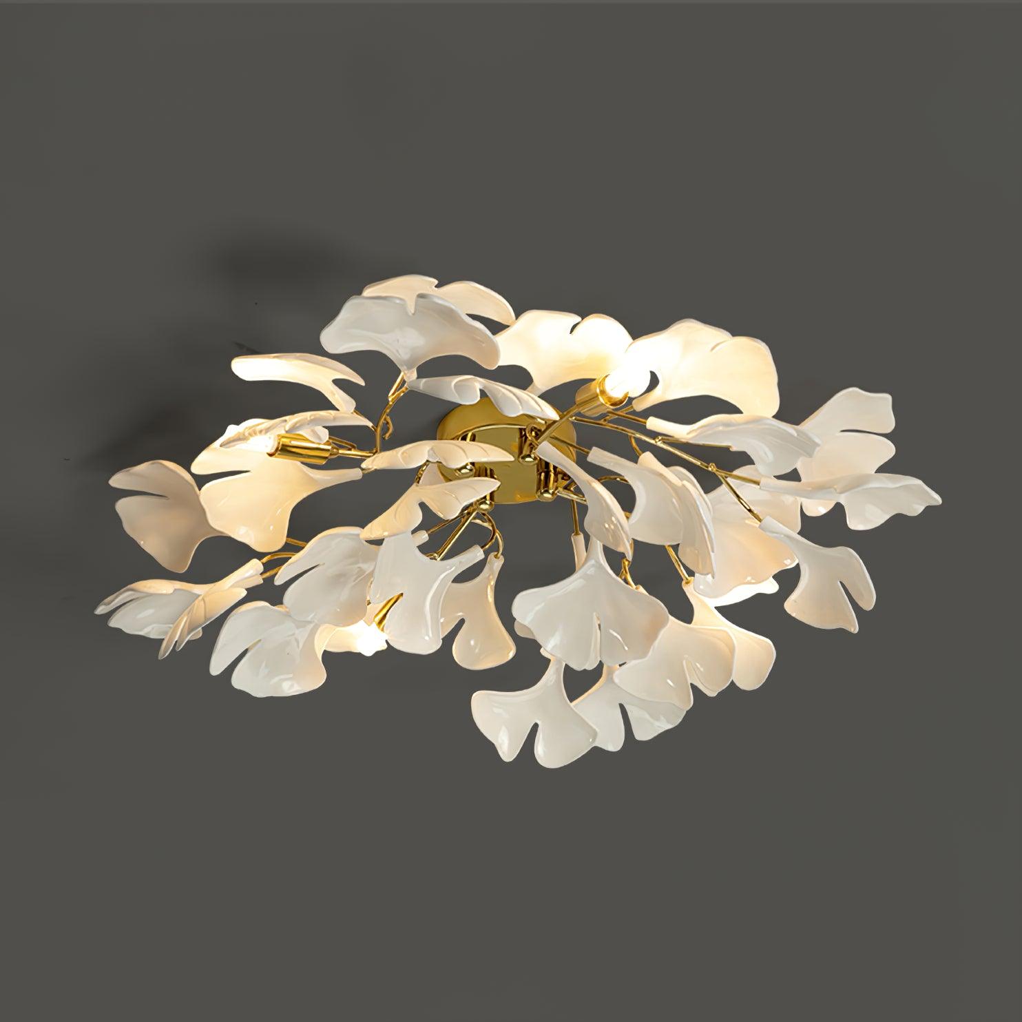 Keramische Hanglamp Ginkgo-Blad – Goudkleurige Armatuur met Witte Bladeren – Modern Natuurgeïnspireerd Design voor Woonkamer Eetkamer Slaapkamer | Sansoti