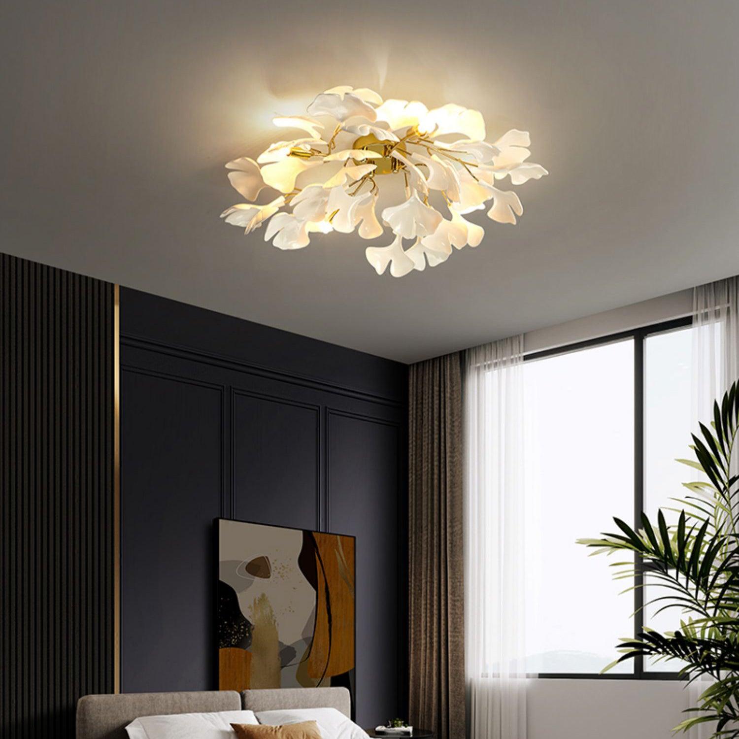Keramische Hanglamp Ginkgo-Blad – Goudkleurige Armatuur met Witte Bladeren – Modern Natuurgeïnspireerd Design voor Woonkamer Eetkamer Slaapkamer | Sansoti