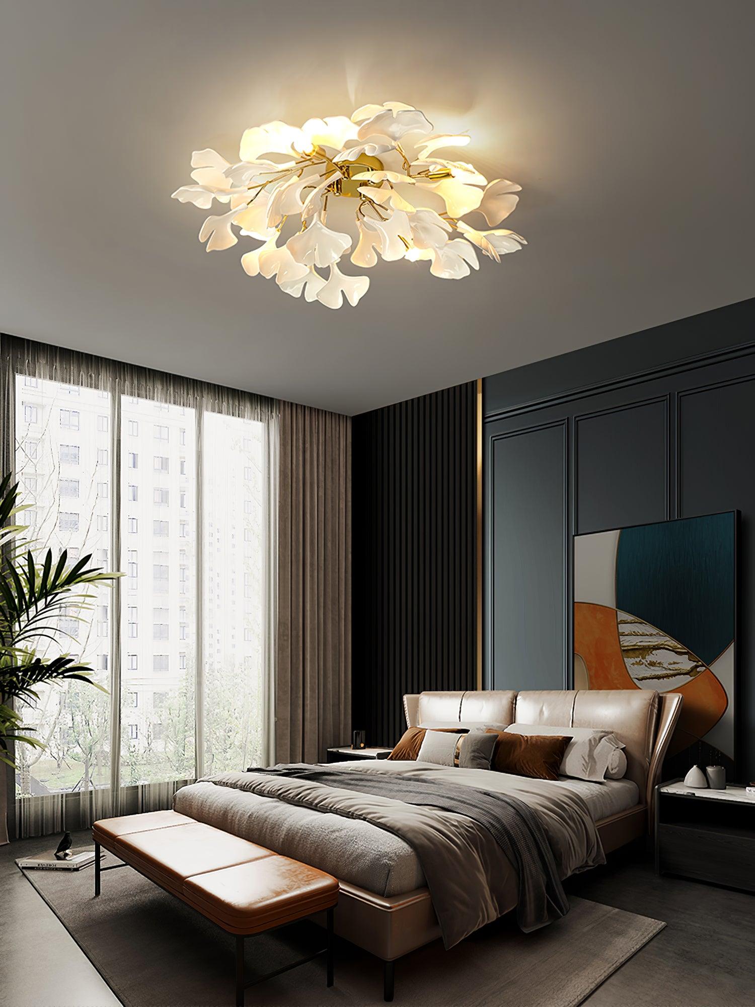 Keramische Hanglamp Ginkgo-Blad – Goudkleurige Armatuur met Witte Bladeren – Modern Natuurgeïnspireerd Design voor Woonkamer Eetkamer Slaapkamer | Sansoti