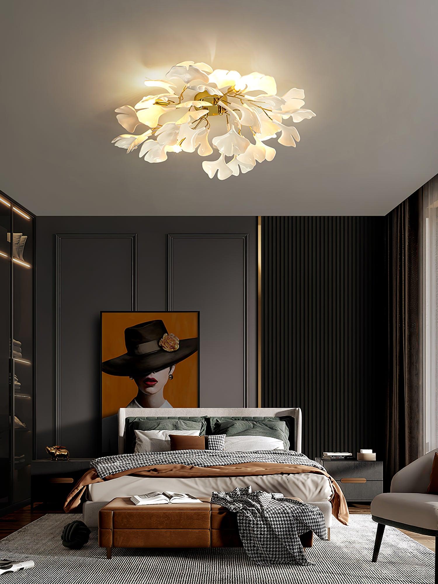 Keramische Hanglamp Ginkgo-Blad – Goudkleurige Armatuur met Witte Bladeren – Modern Natuurgeïnspireerd Design voor Woonkamer Eetkamer Slaapkamer | Sansoti