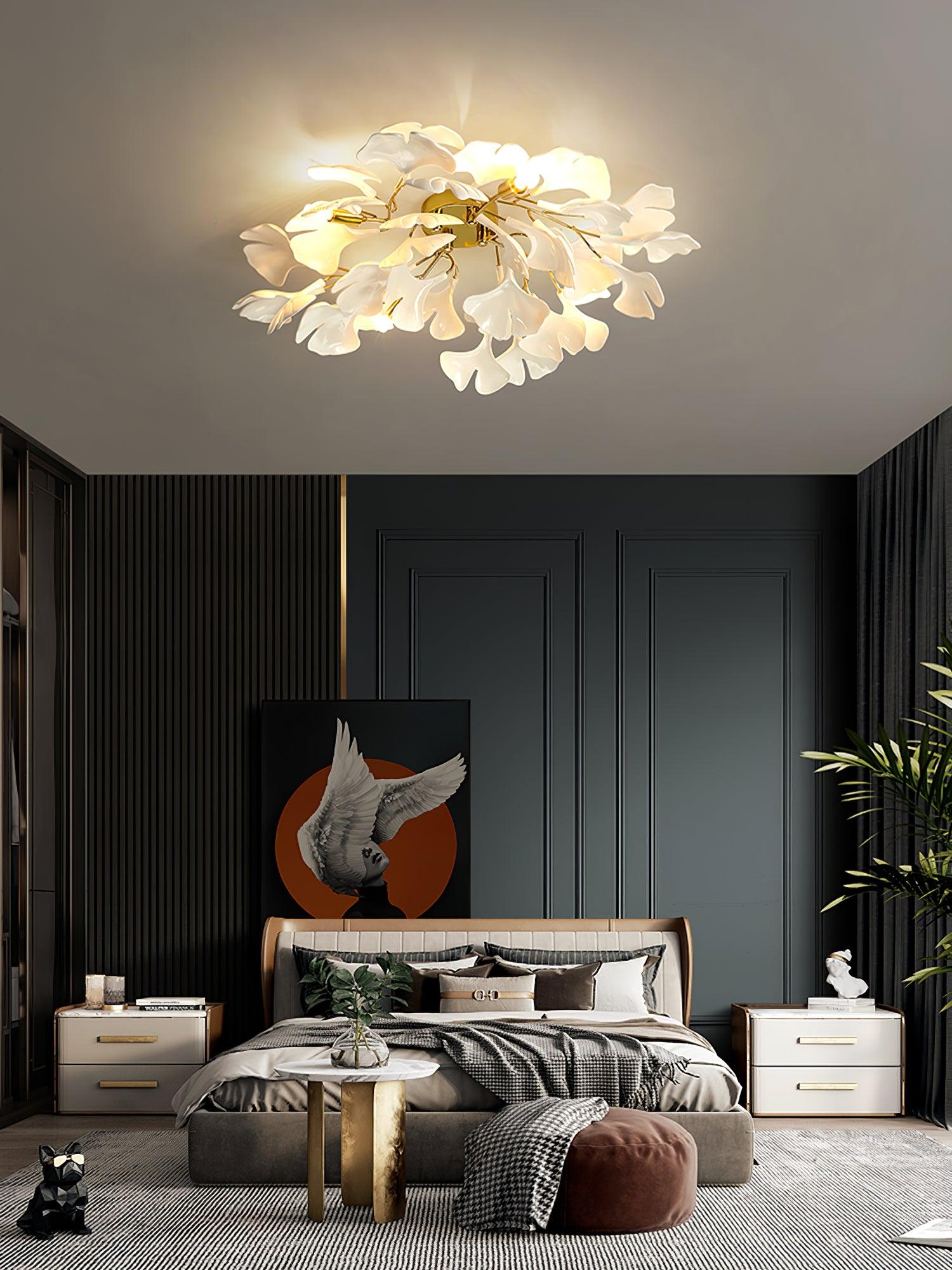 Keramische Hanglamp Ginkgo-Blad – Goudkleurige Armatuur met Witte Bladeren – Modern Natuurgeïnspireerd Design voor Woonkamer Eetkamer Slaapkamer | Sansoti
