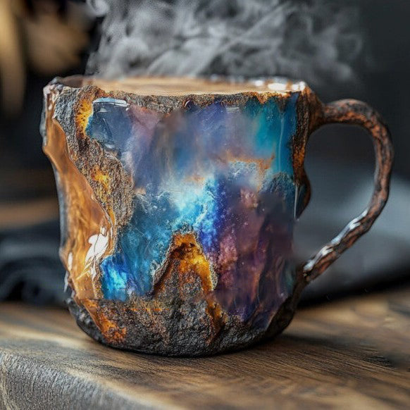 Handgefertigter Kristallglasbecher 350-450 ml mit Natursteinoptik, Kaffeetasse und Teeglas, wärmeisolierend, doppelwandig | Sansoti