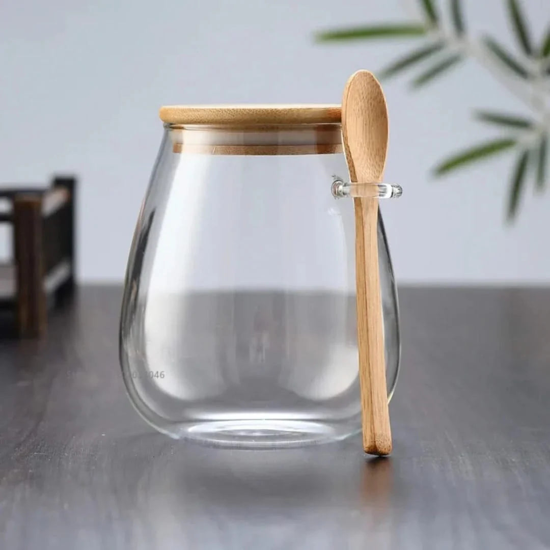 Glas-Vorratsglas mit Bambusdeckel und Löffel 350ml 600ml 1000ml luftdicht Küchenutensilien Aufbewahrung Vorratsbehälter | Sansoti