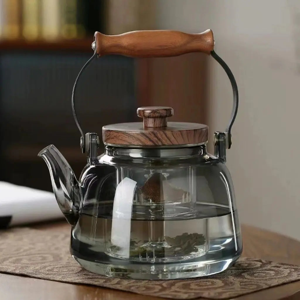 Teekanne Glas Holzgriff Infuser Borosilikat 1000ml Tee Geschenk Elegant | Restfield