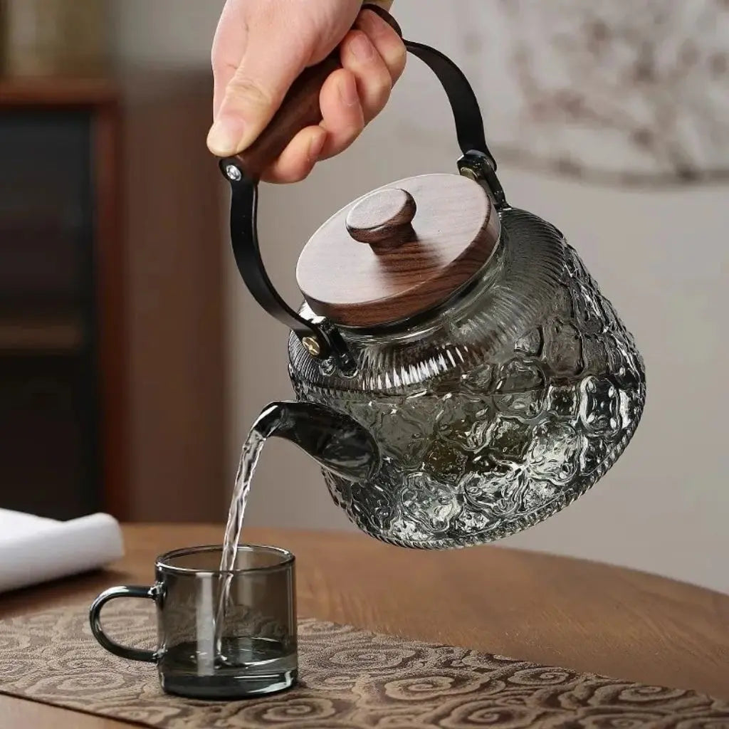 Teekanne Glas Holzgriff Infuser Borosilikat 1000ml Tee Geschenk Elegant | Restfield