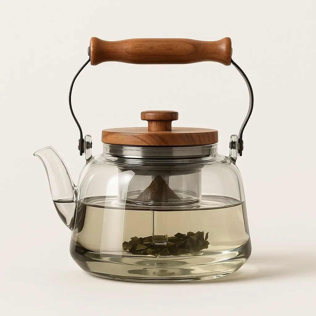 Teekanne Glas Holzgriff Infuser Borosilikat 1000ml Tee Geschenk Elegant | Restfield