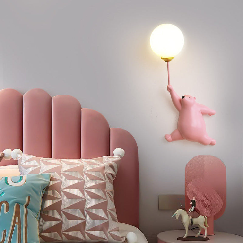 LED Wall Lamp Bear with Balloon White Kids Room Night Light Resin | Sansoti