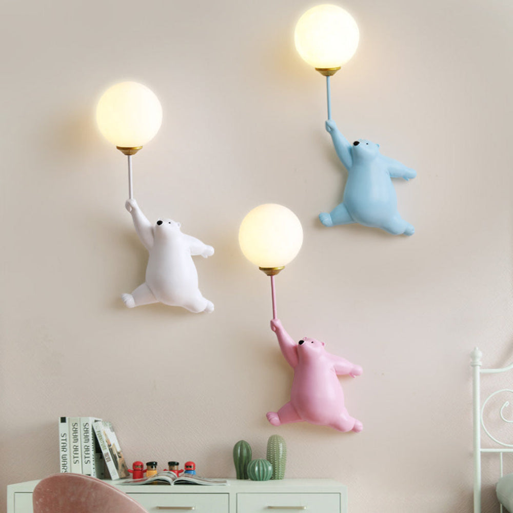 LED Wall Lamp Bear with Balloon White Kids Room Night Light Resin | Sansoti