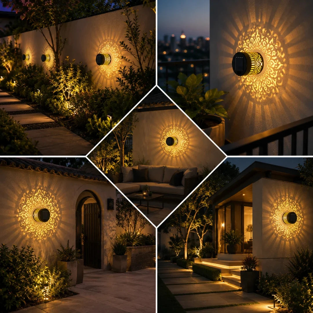 Decorative Outdoor Wall Light with Pattern Projection, Solar-Powered, Waterproof IP65, Iron, for Garden and Patio | Sansoti