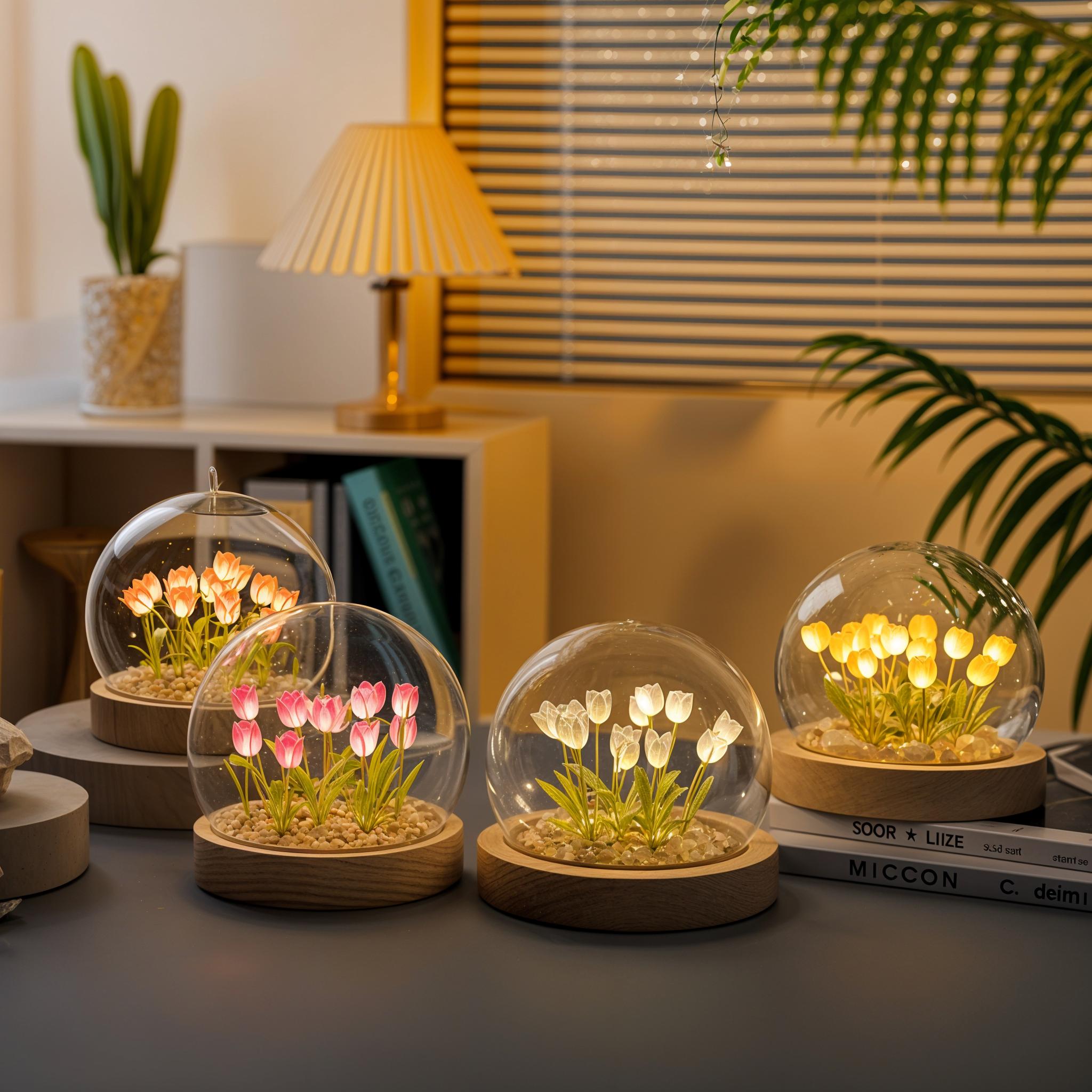 LED Tafellamp met Tulpen onder Glazen Stolp – Dimbaar Warm Wit Nachtlampje voor Slaapkamer en Woonkamer | Sansoti