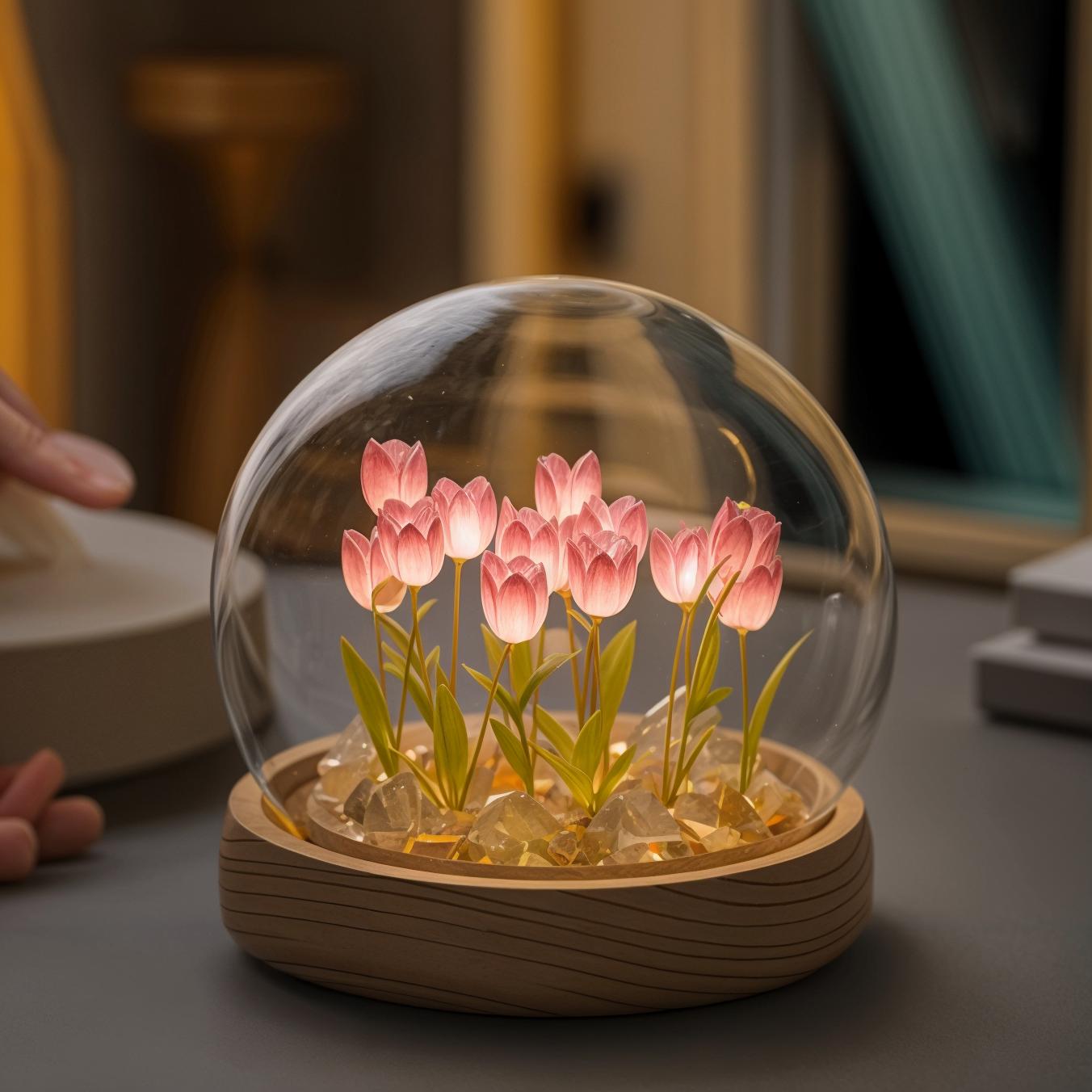 LED Tafellamp met Tulpen onder Glazen Stolp – Dimbaar Warm Wit Nachtlampje voor Slaapkamer en Woonkamer | Sansoti
