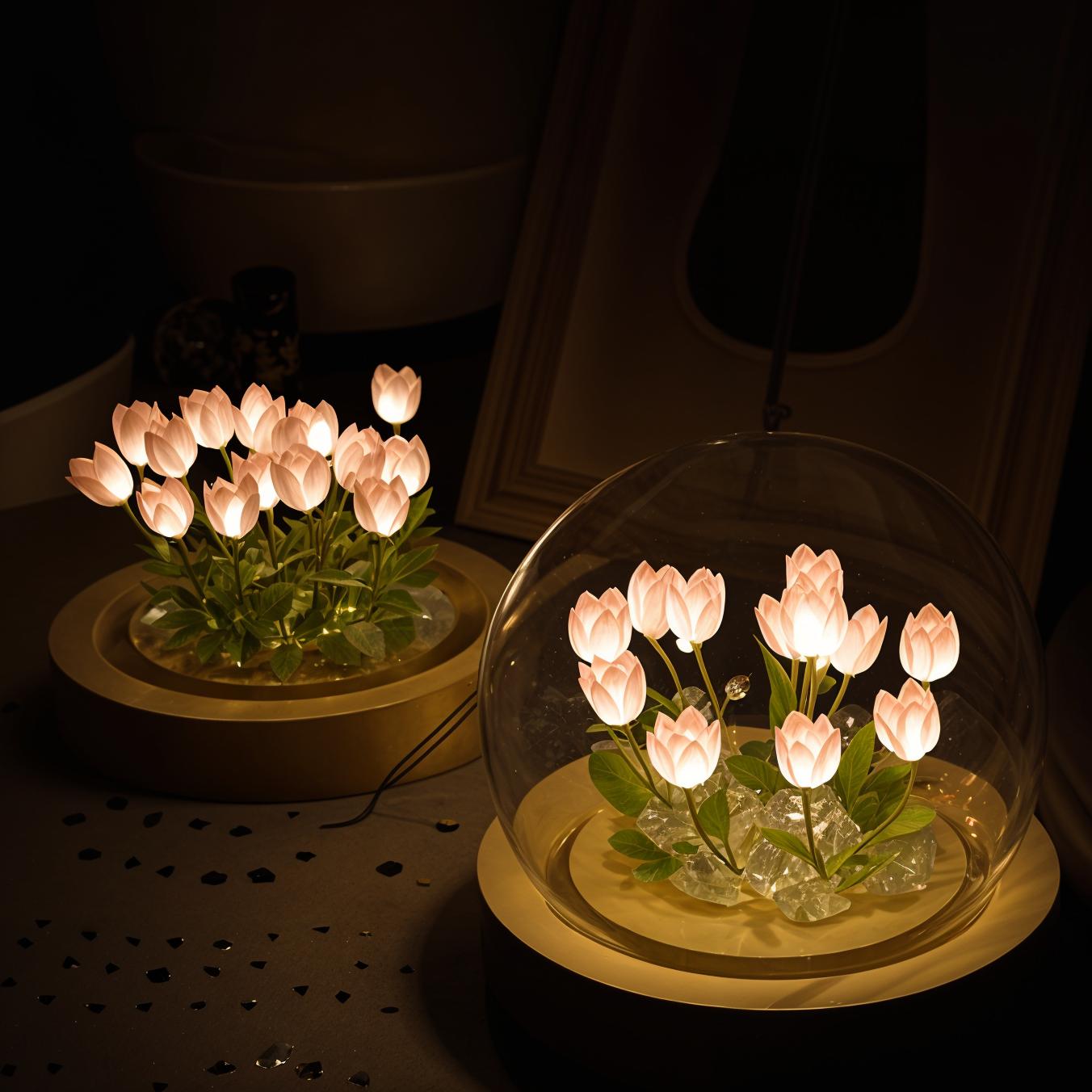 LED Tafellamp met Tulpen onder Glazen Stolp – Dimbaar Warm Wit Nachtlampje voor Slaapkamer en Woonkamer | Sansoti
