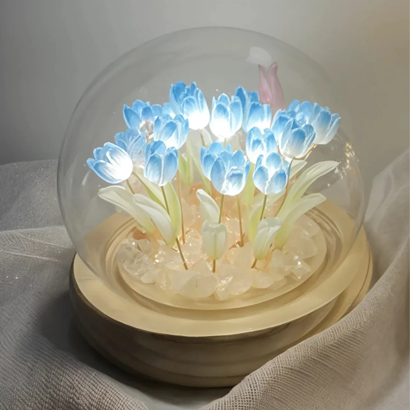 LED Tafellamp met Tulpen onder Glazen Stolp – Dimbaar Warm Wit Nachtlampje voor Slaapkamer en Woonkamer | Sansoti