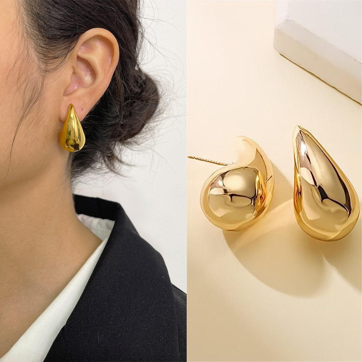 Chunky Teardrop Earrings Stainless Steel Gold or Silver Elegant Drop-Shaped Statement Jewelry | Sansoti
