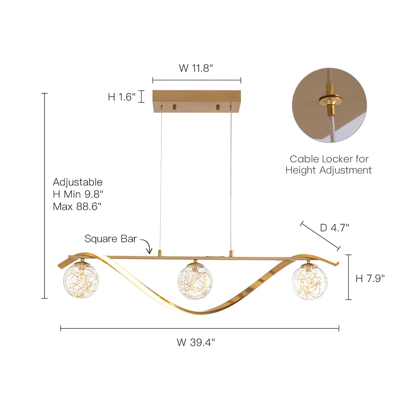 Hanglamp Lineair Glazen Bollen LED Strip Goud Chroom 100cm Eetkamer Keukeneiland Modern | Sansoti