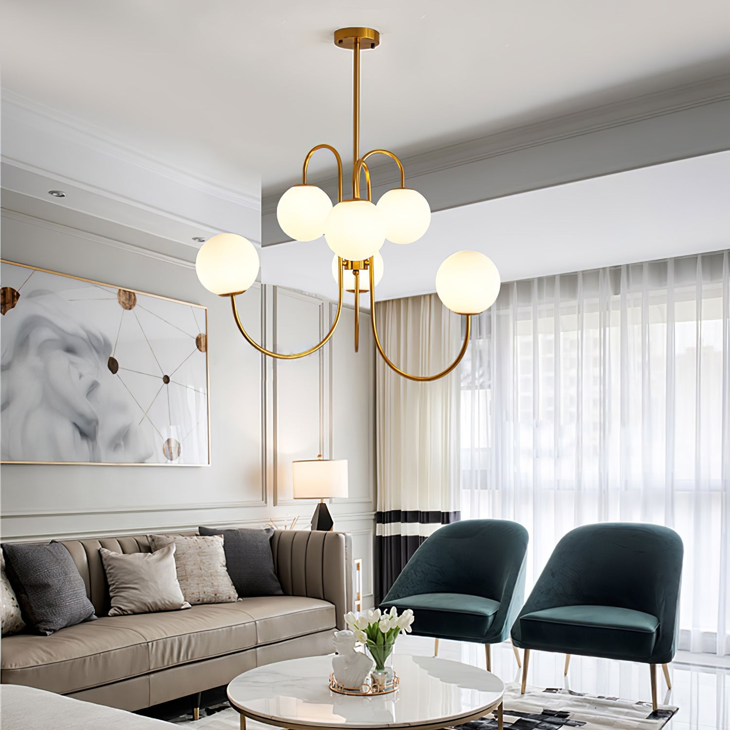 Zwanenhals Kroonluchter Ø76 cm – 8-Lichts Hanglamp met Glazen Bollen Goud/Zwart | Sansoti