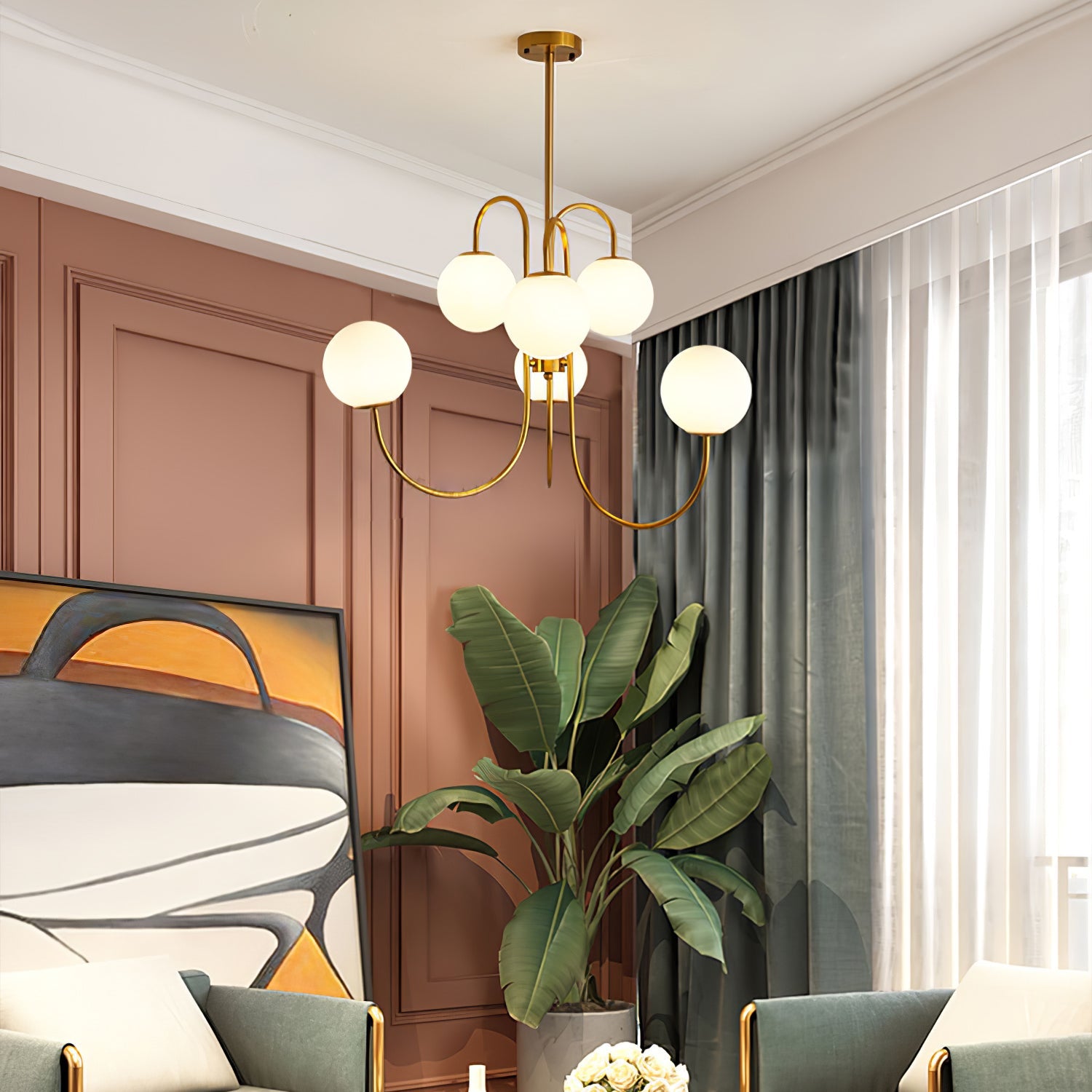 Zwanenhals Kroonluchter Ø76 cm – 8-Lichts Hanglamp met Glazen Bollen Goud/Zwart | Sansoti