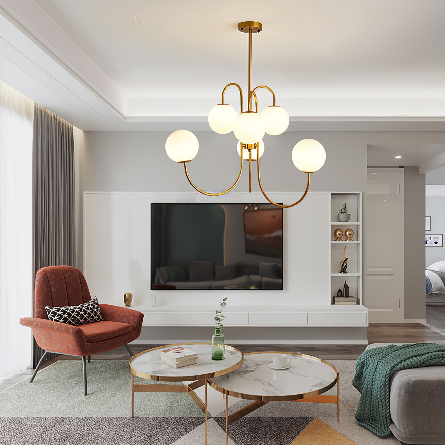 Zwanenhals Kroonluchter Ø76 cm – 8-Lichts Hanglamp met Glazen Bollen Goud/Zwart | Sansoti