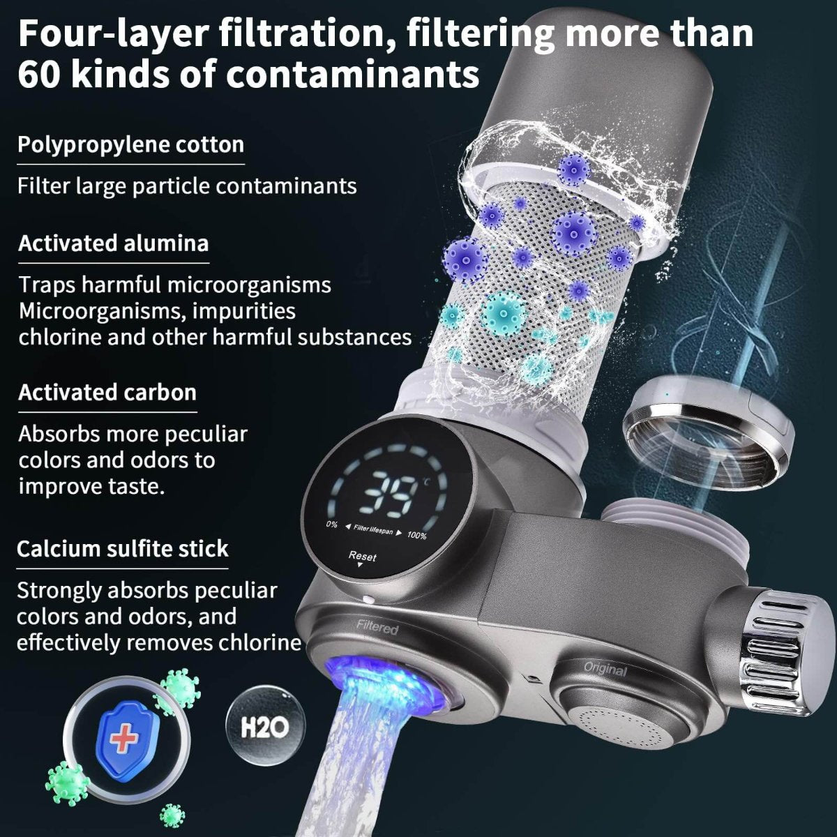 Wasserhahnfilter mit LED-Temperaturanzeige aus ABS und Edelstahl, zwei Modi, Wasseraufbereitung für die Küchenarmatur | Sansoti
