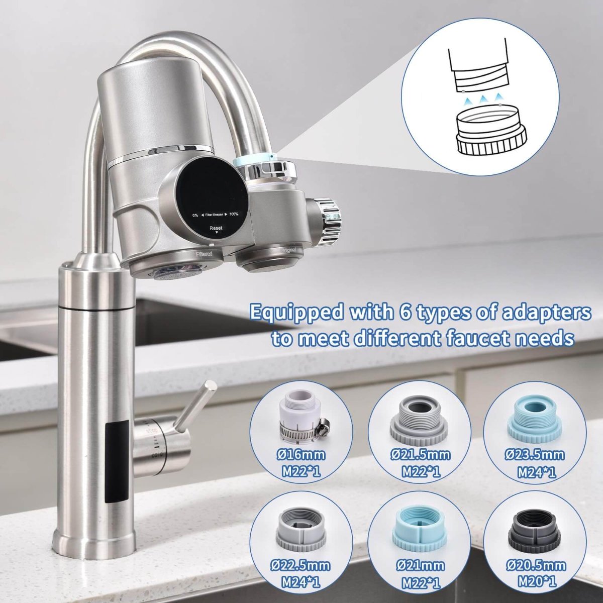 Wasserhahnfilter mit LED-Temperaturanzeige aus ABS und Edelstahl, zwei Modi, Wasseraufbereitung für die Küchenarmatur | Sansoti