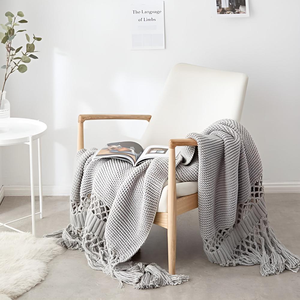 Throw Blanket with Macramé Details 120x180cm Microfiber Decorative Fringes Knitted Throw Blanket Living Room Sofa | Sansoti