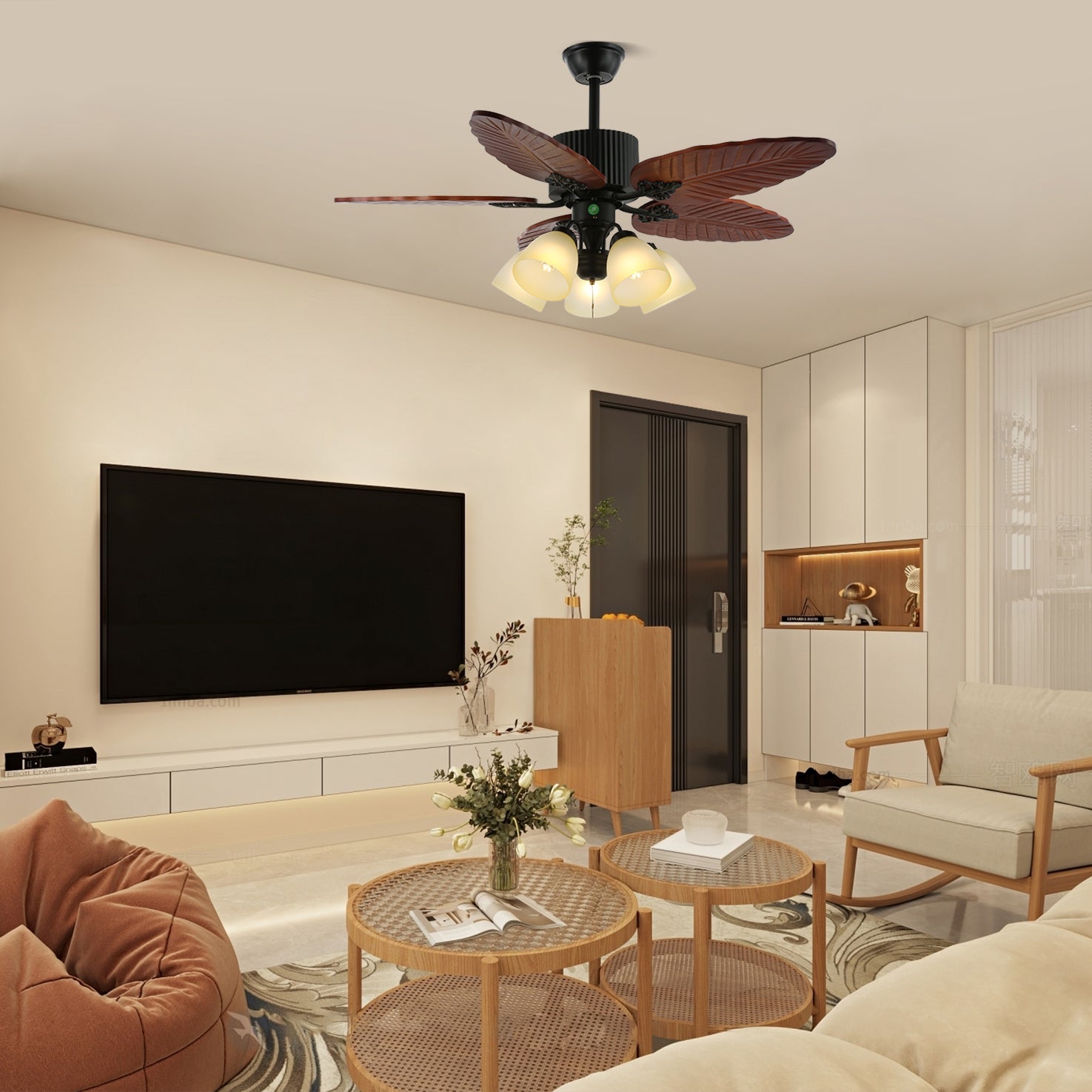 Tropische Plafondventilator met Verlichting en Afstandsbediening – Natuurlijk Design met Glazen Kap | Sansoti