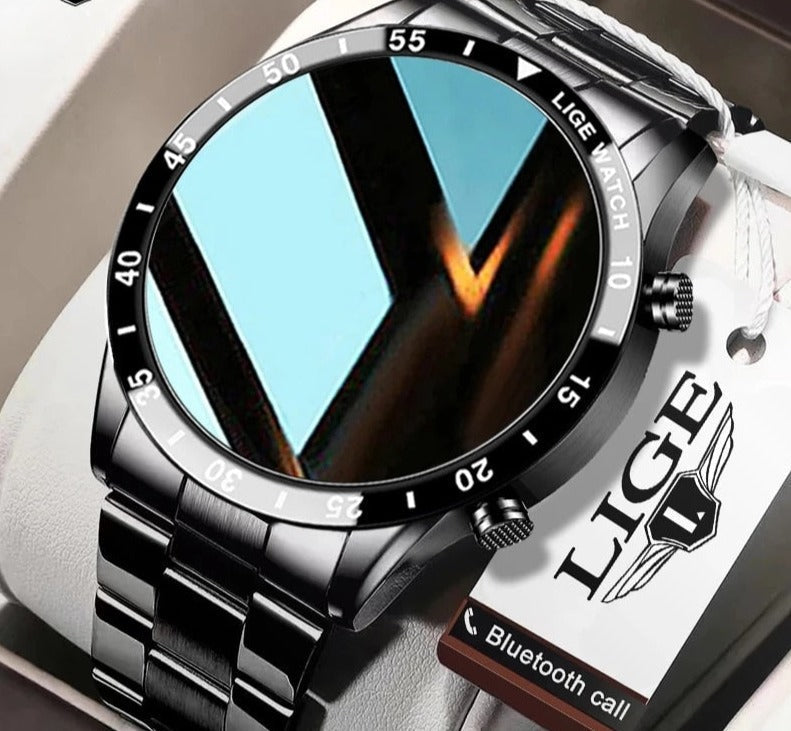 Montre connectée multifonction avec écran rond, cardiofréquencemètre, podomètre et suivi d’activité Bluetooth, noire et argentée | Sansoti