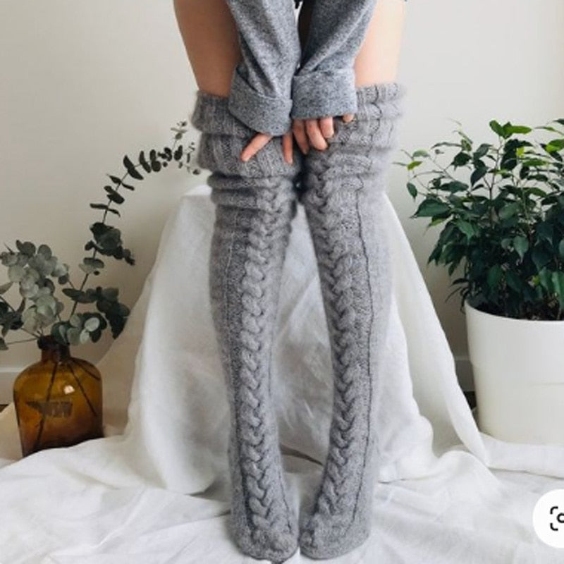 Damen-Overknee-Strümpfe, gestrickt, mit Zopfmuster, elastischem Polyester, warmes Winteraccessoire, lange Socken | Sansoti