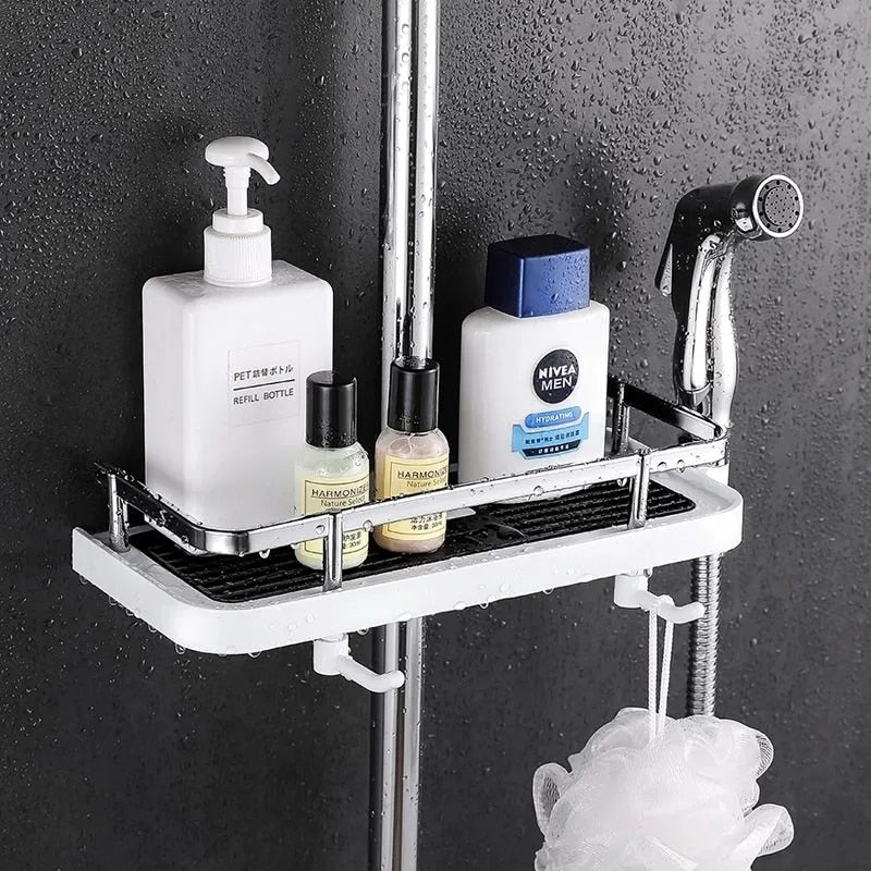 Organisateur de douche réglable pour barre de douche sans perçage avec crochets et évacuation rapide de l’eau | Restfield
