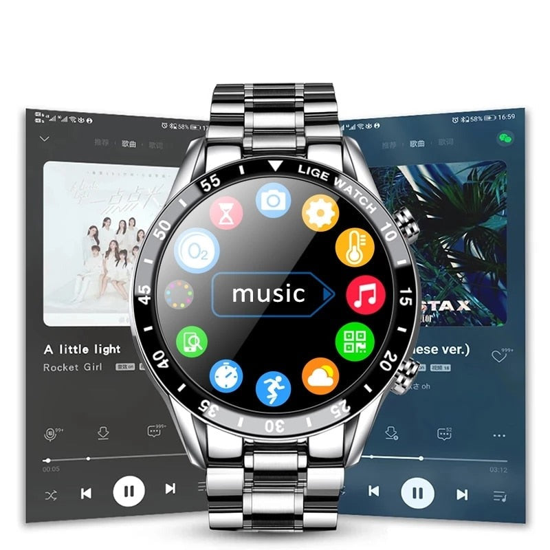 Montre connectée multifonction avec écran rond, cardiofréquencemètre, podomètre et suivi d’activité Bluetooth, noire et argentée | Sansoti