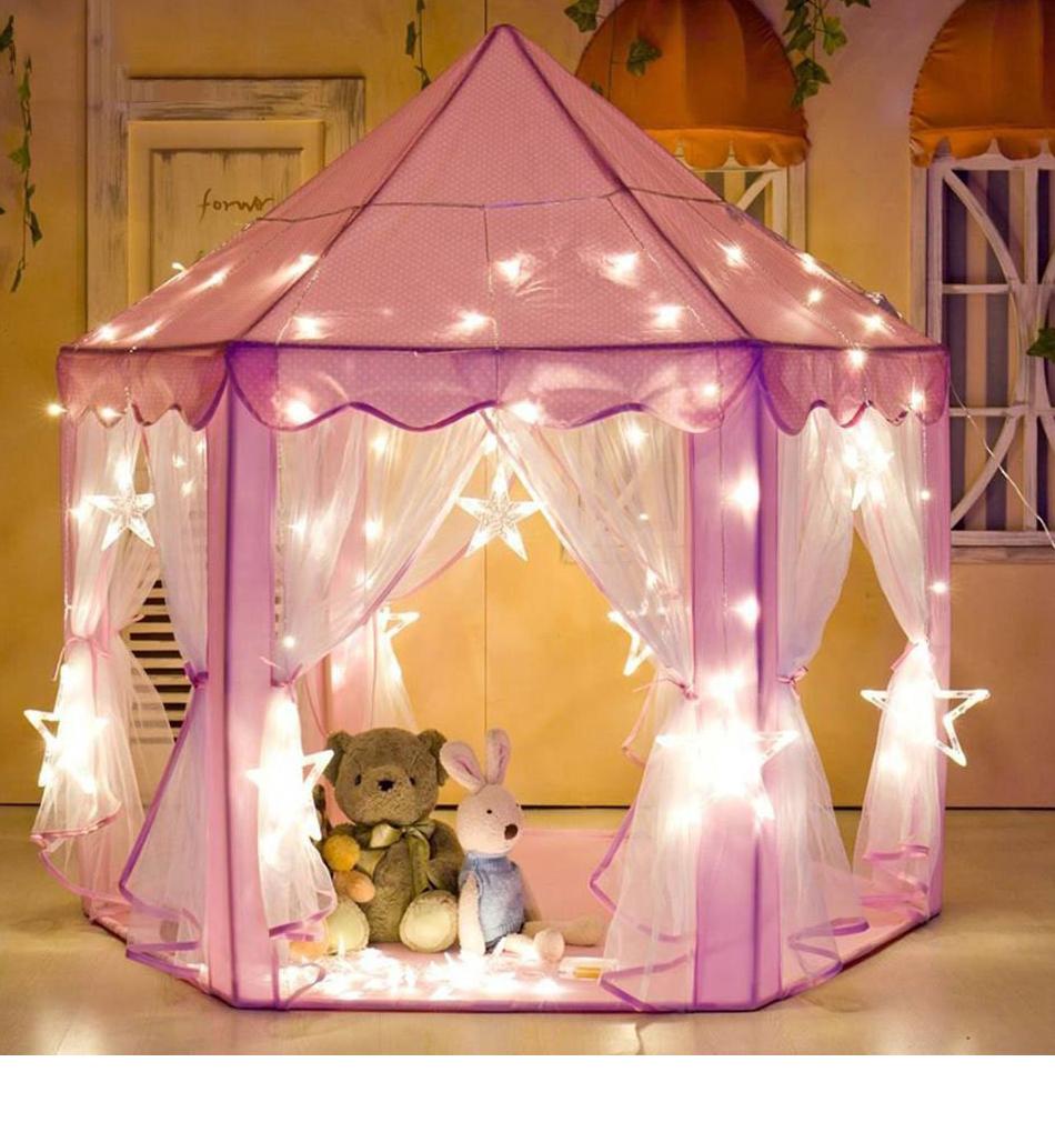 Tente château de princesse hexagonale de 140 cm, rose et bleue, intérieure et extérieure, pliable, pour chambre d’enfant et jeux de rôle | Sansoti