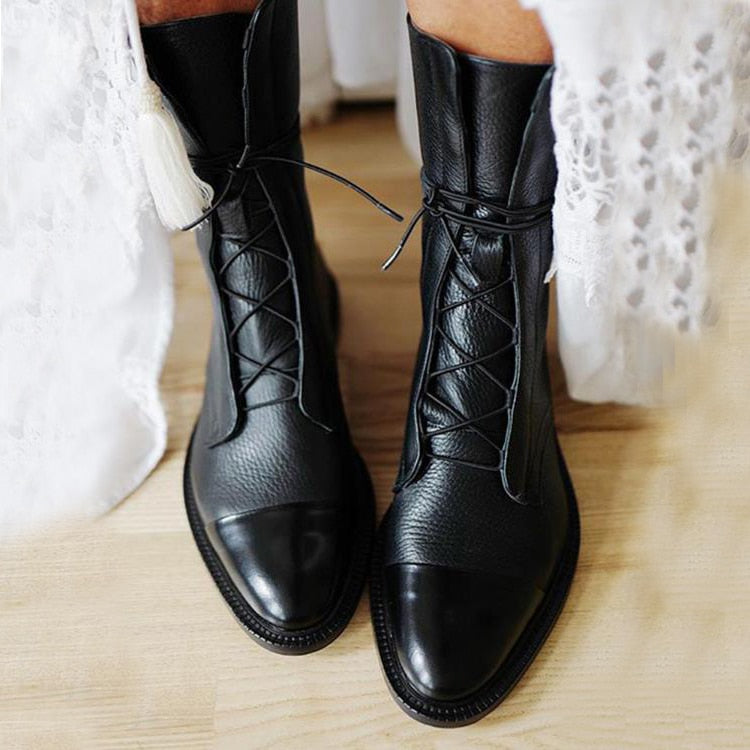Women's Leather Lace-Up Ankle Boots Black Brown Casual Rugged Comfortable Autumn Winter Walking Hiking Boots | Sansoti