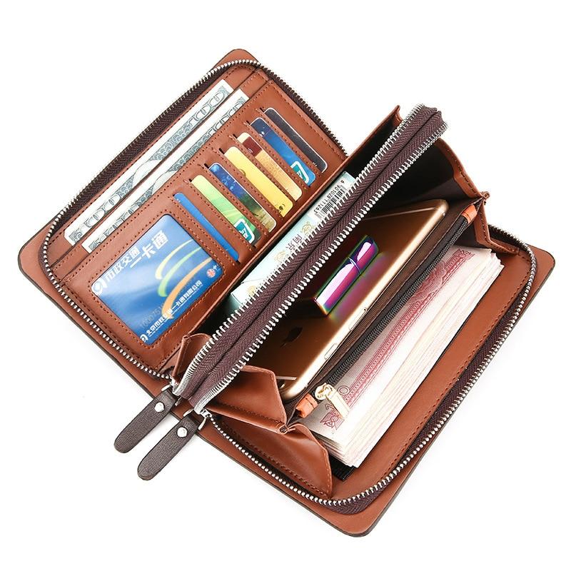Pochette compacte pour homme avec dragonne, noir et marron, similicuir, compartiments, porte-cartes, portefeuille, organiseur, fermeture éclair | Sansoti