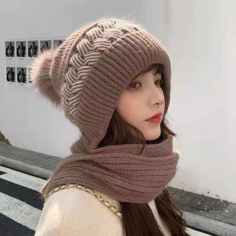 Knitted Hooded Scarf Wool Blend Warm Winter Accessory Women's Wrap Casual Wintry Style Crocheted Scarf | Sansoti
