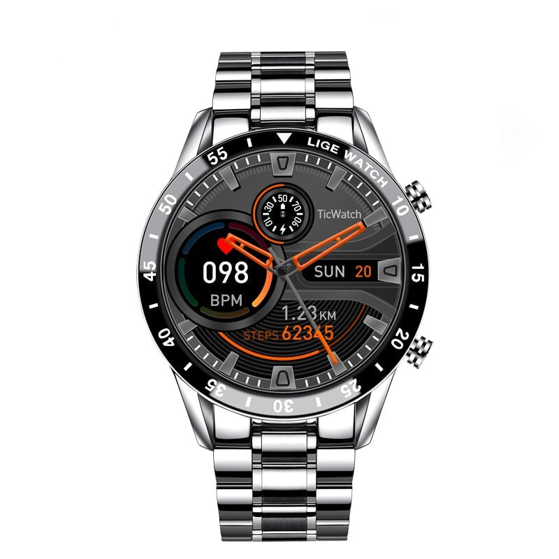 Montre connectée multifonction avec écran rond, cardiofréquencemètre, podomètre et suivi d’activité Bluetooth, noire et argentée | Sansoti
