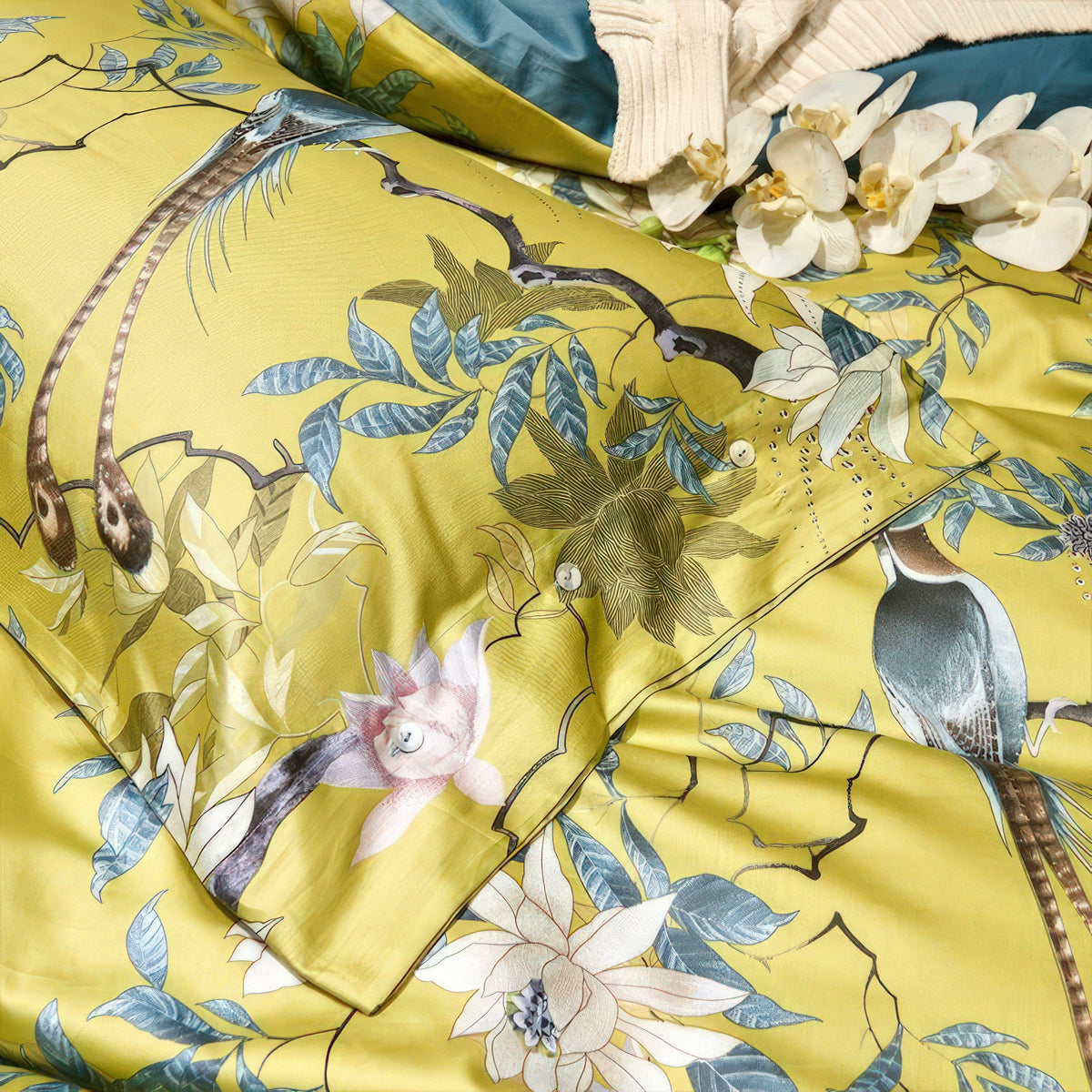 Cotton Pillowcase Set Golden Bird Motif 48x74 cm Satin Weave Egyptian Cotton 500 TC Luxury Bedroom | Sansoti