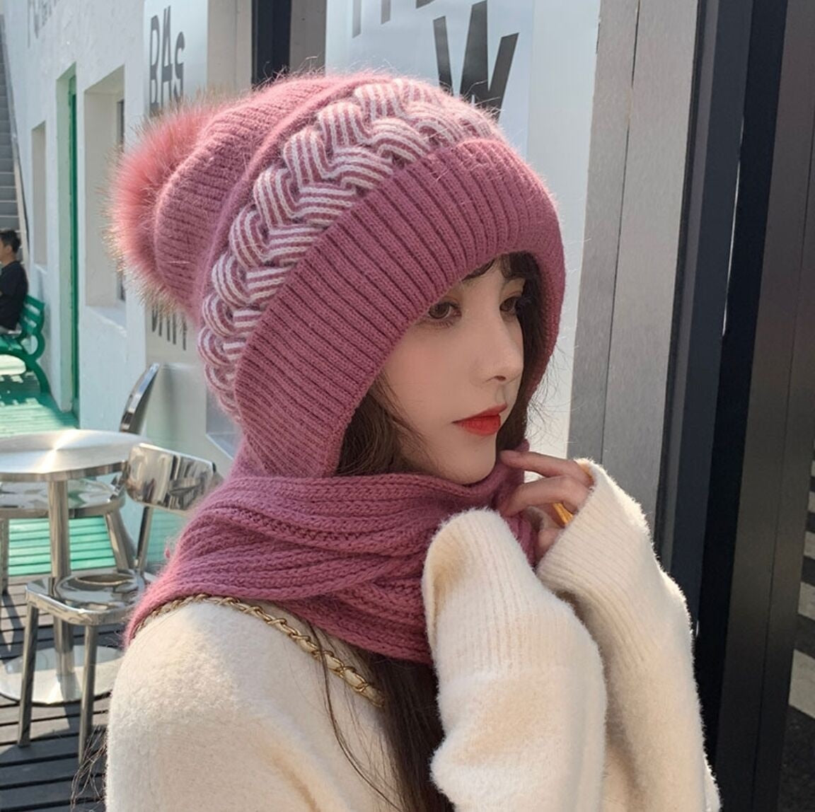 Knitted Hooded Scarf Wool Blend Warm Winter Accessory Women's Wrap Casual Wintry Style Crocheted Scarf | Sansoti