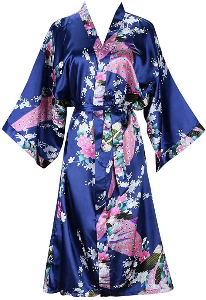 Satinmorgenmantel Kimono Damen Blumenmuster Kurz Luxuriöser Bademantel Junggesellinnenabschied Hausbekleidung Nachtwäsche Loungewear | Sansoti