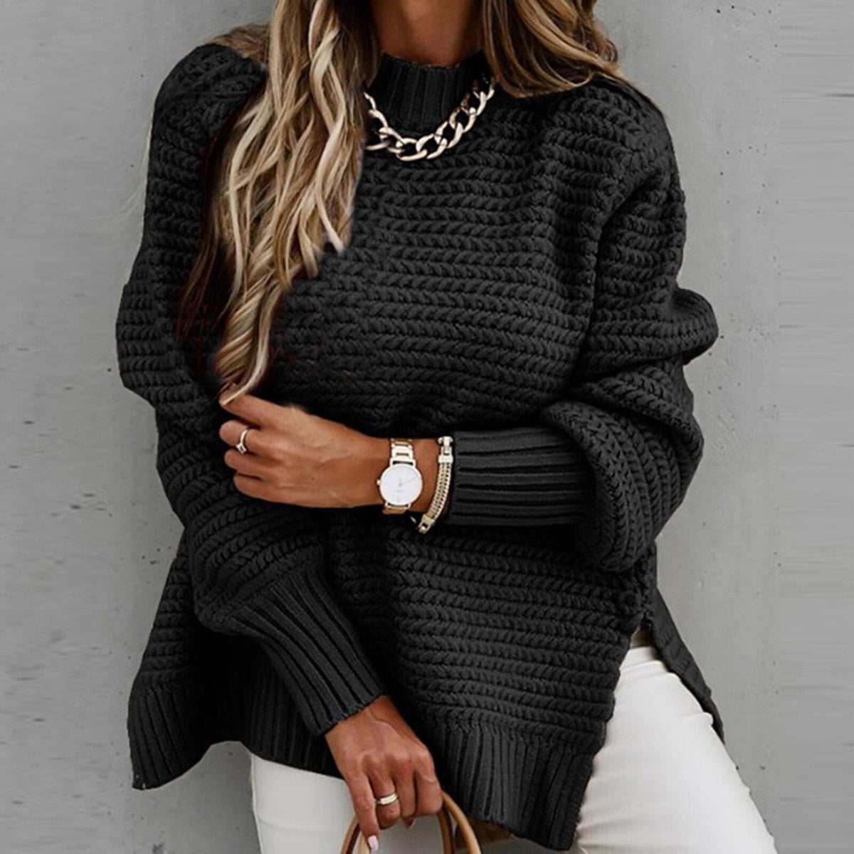 Damenpullover mit hohem Kragen und Seitenschlitz, grob gestrickt, Oversize, lockere Passform, lässiger Winterpullover | Sansoti