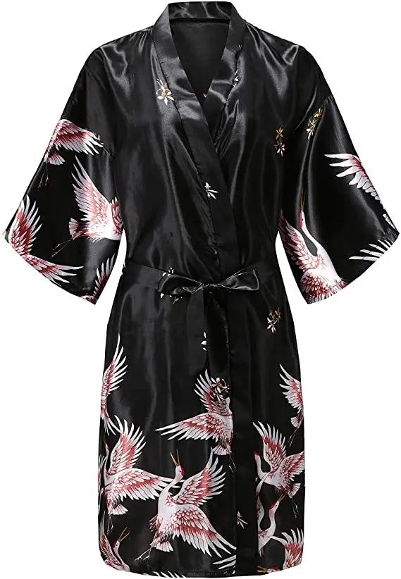 Satin Kimono Robe Floral Print Women's Short Sleeve Luxury Dressing Gown Silky Soft Loungewear Sleepwear | Sansoti