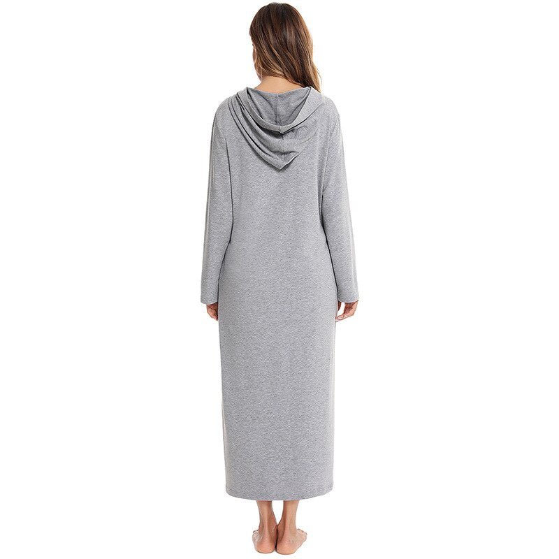 Badjas met Capuchon en Rits Fleece Ochtendjas met Zakken Dames Lange Mouwen Homewear Zwangerschap Comfortabel | Sansoti