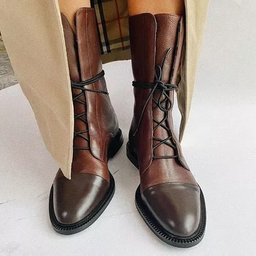 Women's Leather Lace-Up Ankle Boots Black Brown Casual Rugged Comfortable Autumn Winter Walking Hiking Boots | Sansoti