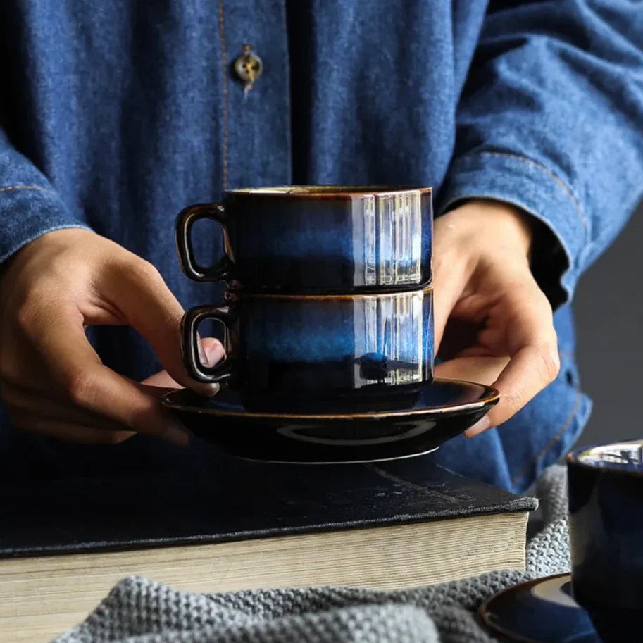 Keramische Mokken Set 2-Delig Diepblauw met Schotel Espresso Koffie | Sansoti