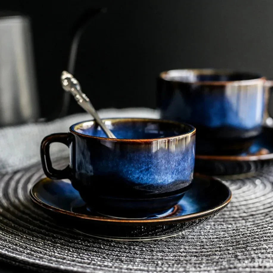 Keramische Mokken Set 2-Delig Diepblauw met Schotel Espresso Koffie | Sansoti
