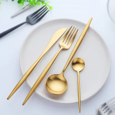 Modern Bestekset 24-Delig Titanium RVS Goud Roségoud Zwart Zwart-Goud Tafelvork Tafelmes Theelepel Eetlepel Glanzende Afwerking | Sansoti